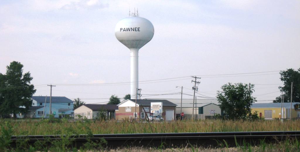 Looking across the former Pawnee Railroad tracks (now the Illinois & Midland) toward Pawnee (SCHS photo)