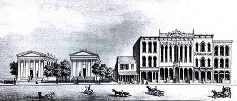 Marine Fire & Insurance Co., second building from left, in about 1860. View is of Sixth Street across from present-day Old Capitol State Historic Site. (Sangamon Valley Collection)