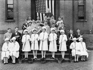 Bishop James Griffin (top), with the 1927 graduating class of Cathedral Elementary School. (Sangamon Valley Collection)