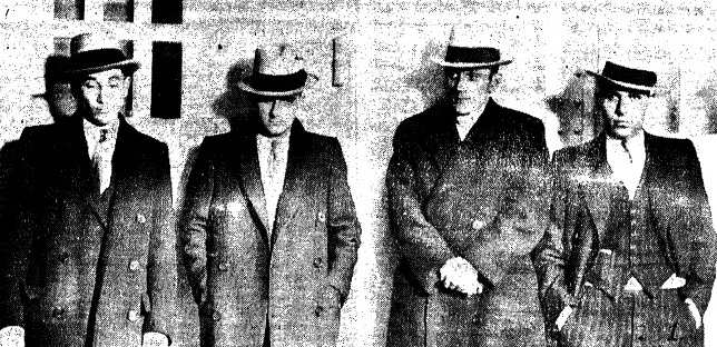 Accused bank robbers, from left, Arthur Brown, Ted Patterson, Jack McCoy and Frank Martini paraded for reporters after their arrest (courtesy State Journal-Register)