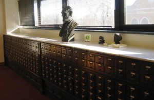 Lincoln bust and card catalog originally in Carnegie library (SCHS)