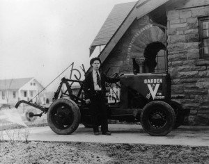 Lee Muller with a garden tractor he built from spare parts in order to cultivate his World War II Victory Garden. (Sangamon Valley Collection)