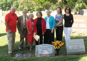 From left, Tom Humphrey, Art Hurme, Sally Hurme, Barbara Humphrey and cousins Nancy MacAleney, Kathleen Spencer and Erin Ruesing at the dedication of Revell's gravestone, Oct. 5, 2016. (SCHS)