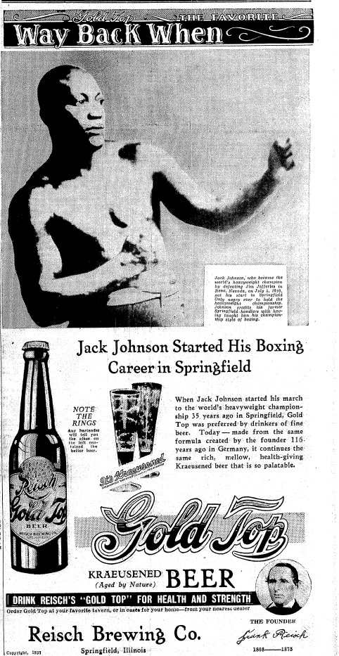 Reisch Brewing Co. ad in May 19, 1937, Illinois State Journal featured Johnson (SJ-R)