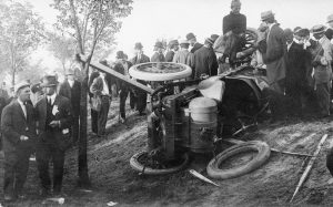 Larue Vredenburgh's overturned car, 1910 (Sangamon Valley Collection)