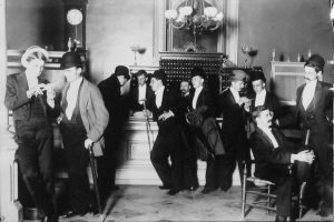 Young men congregate in the Leland Hotel lobby during a Springfield Assembly ball in 1889 (SVC)