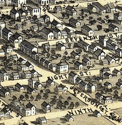 The large white house on the northwest corner of Eighth and Jefferson streets in this 1867 bird's-eye view map of Springfield probably was the one that later became Madame Brownie's longtime home. (Map by A. Ruger; Library of Congress and Dickson College) 