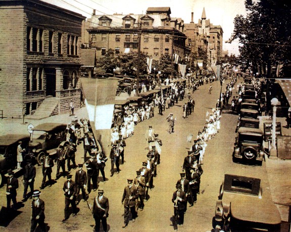 Columbus Day parade, Oct. 12, 1926, along Capitol Avenue. Leading the parade (in sash) is Leo Montalbano (photo courtesy Sam Montalbano)