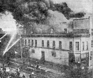 The Hatcher automotive building on fire, 1921 (Courtesy SJR)
