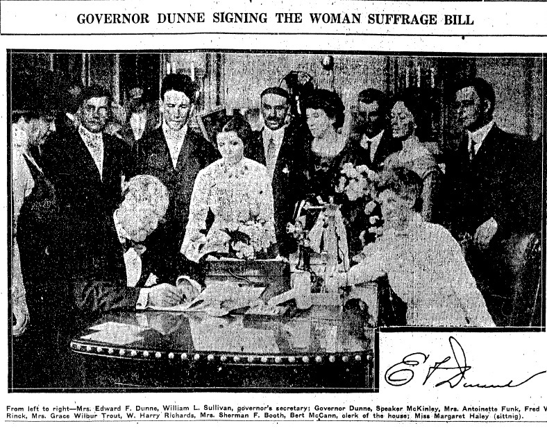 Gov. Edward Dunne signs law giving women right to vote for president and in some local elections, 1913 (Courtesy State Journal-Register)