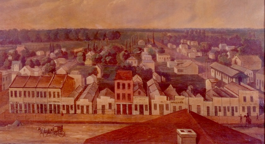 "Hoffman's Row," where John S. Condell and his partners first set up shop in Springfield, is on the left end of the north side of the square in this 1850s' painting. 