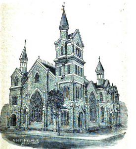 First Methodist Church shortly after construction in 1884-85. Architect George Helmle designed the church at no cost. The building was demolished in the 1970s.