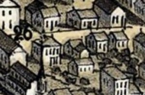 The 200 block of South Fourth Street as shown by Albert Ruger, 1867. The house at 214 is the small one on the near side of the street. (Library of Congress and Dickson College zoomable version)