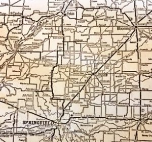 Detail from Illinois' 1927 road map shows the route of the highway from Bloomington to Springfield. (SCHS)