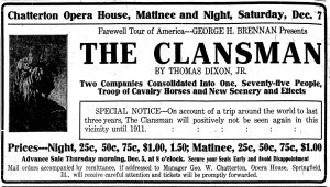 Ad for The Clansman, published in the Dec. 7, 1907 Illinois State Register (courtesy State Journal-Register)