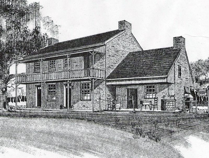 Depiction of the Broadwell Inn as it probably looked when used as a stagecoach stop (Drawing: clayville.org)