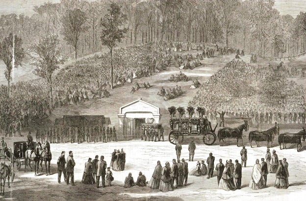 Abraham Lincoln's casked is carried into the receiving vault at Oak Ridge Cemetery, illustration by William Waud. (Credit: rogerjnorton.com)