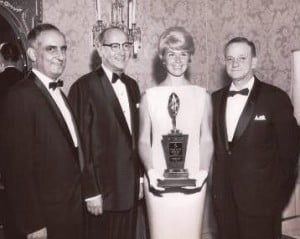 George Gus Kerasotes, right, son of Gus Kerasotes,presents Doris Day with the 1961 Star of the Year award from the Theatre Owners of America. (Contributed by Mike Kerasotes)
