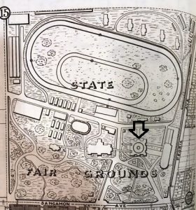 Arrow shows the location of the Dome Building in this 1914 map. An elevated walkway connected the Dome Building to the Exposition Building across the street to the west. (Sangamon Valley Collection)