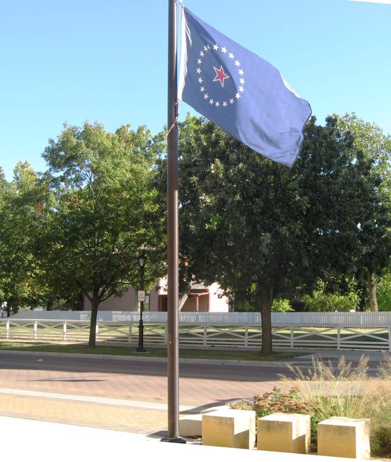 The Springfield city flag outside Lincoln Library's Capitol Avenue entrance (SCHS photo)