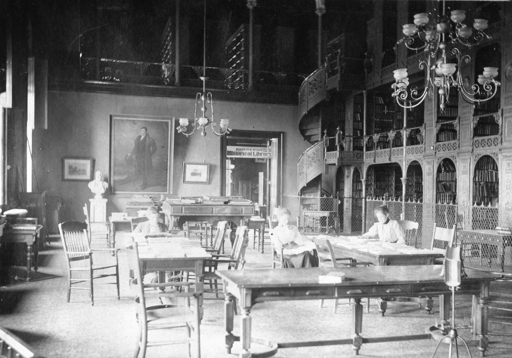 The Illinois State Library in about 1900, when it was housed in a single room in the west wing of the Statehouse.