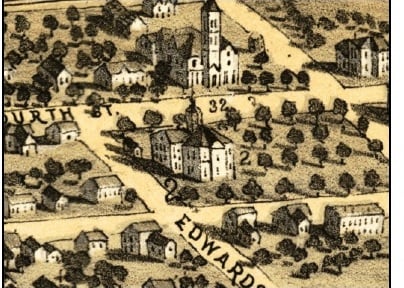 The Matteson mansion (No. 32) can be seen at the top of this drawing, just above the Executive Mansion (No. 2). (This is a portion of the 1867 Ruger map of Springfield.)