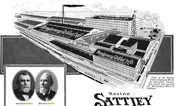 The Racine-Sattley plant, with inset photos of Archibald and Marshall Sattley, from 1917 advertisement