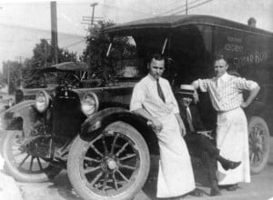 Jimmy James (left) and Teddy Gray, next to a delivery truck for the Sugar Bowl at 11th Street and South Grand Avenue, 1920. James later opened his own confectionery at Sixth Street and South Grand Avenue. (Sangamon Valley Collection)