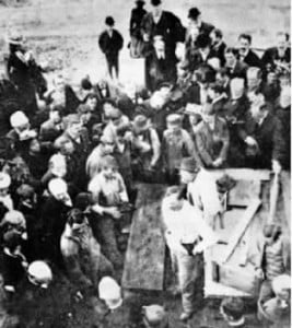 Lincoln's coffin in 1901, center (pine casing at right). Note that coffin was not opened outside; it was opened in tomb's burial chamber. (Roger J. Norton)