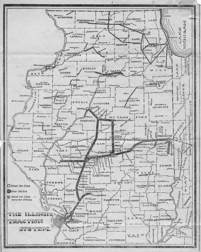 A 1908 Illinois Traction System route map