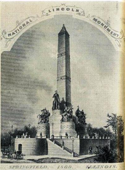 Artist's conception of Larkin Mead's accepted design. Note that Mead's iron railing around the terrace was replaced by a stone balustrade, reportedly at the urging of Springfield's mayor at the time, Thomas Dennis.