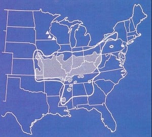 The spread of elm phloem necrosis: extent in 1945, shaded area; extent in 1975, within heavy line. (U.S. Department of Agriculture)