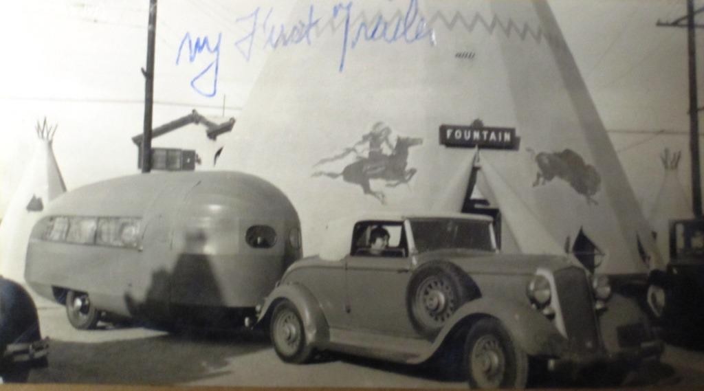 Watson's first mobile home, in front of a tepee somewhere in the southwest. The woman in the car is not identified
