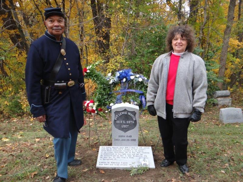 Re-enactor Robert Davis of Springfield, left, worked with Kathy Heyworth to memorialize Pvt. Lewis Martin (Courtesy Donna Catlin)