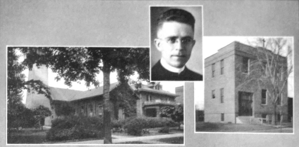 Father Burtle with St. Barbara's Church and rectory, left, and school, right (Jubilee history)