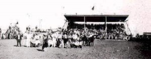 Stapleton Rodeo performers, grandstand in background, undated. (New Berlin, 1865-1965)