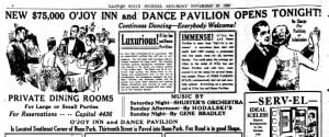 Portion of O'Joy Inn grand opening ad, 1926 (SJR)