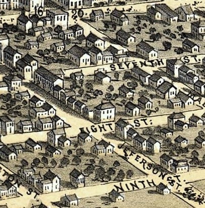 The large white house on the northwest corner of Eighth and Jefferson streets in this 1867 bird's-eye view map of Springfield probably was the one that later became Madame Brownie's longtime home. (Map by A. Ruger; Library of Congress and Dickson College)