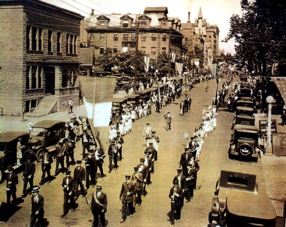 Columbus Day parade, Oct. 12, 1926, along Capitol Avenue. Leading the parade (in sash) is Leo Montalbano (photo courtesy Sam Montalbano)