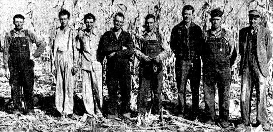 Contestants in the 1940 Sangamon County husking contest, from left: Raymond Fry, James Werner, Lee Werner, Claude Bell, Glenn Copelin, Orville Stringfield, Lester Ackerman, John Copelin (SJR)