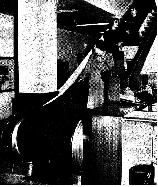 Customers ride the "electric stairway" when Bressmer's reopens Nov. 29, 1949 (SJR)