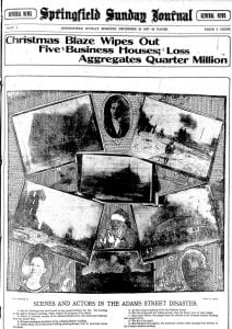 The Springfield Sunday Journal's front page the day after Johnston-Hatcher's 1907 fire. Note the smoking Santa in the center of the collage (Courtesy State Journal-Register)