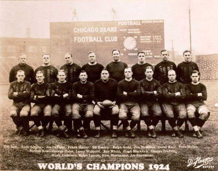The 1924 Chicago Bears included Dutch Sternaman, second from right in front row, and Joey Sternaman, far right in same row. George Halas is front row, far left. (Despite the "World Champions" caption, the Bears finished in second place in 1924) (Wikipedia)