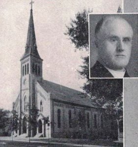 Rev. Patrick O'Reilly (inset) and St. Joseph Parish's church in 1928 (Diamond Jubilee History)