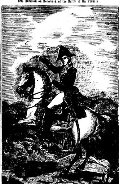 William Henry Harrison at the Battle of the Thames (during the War of 1812); illustration published in the May 22, 1840, Sangamo Journal (CourtesyState journal-Register)