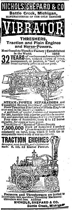 A Michigan manufacturer advertised threshers and traction engines in Springfield newspapers in 1881