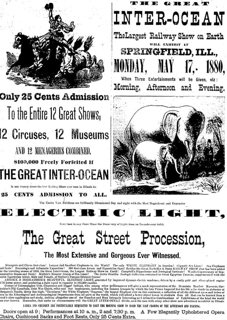 "Electric Light" is one of the attractions of the Great Inter-Ocean Circus in this May 8, 1880 ad in the Illinois State Journal (courtesy Sj-R)