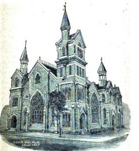 First Methodist Church shortly after construction in 1884-85. Architect George Helmle designed the church at no cost. The building was demolished in the 1970s.