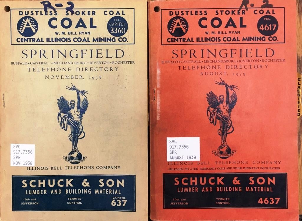 Illinois Bell's first 1939 telephone book, left; book with dial phone numbers, right. Note difference in numbers for Central Illinois Coal Co., top, and Schuck &Son, bottom (Sangamon Valley Collection)