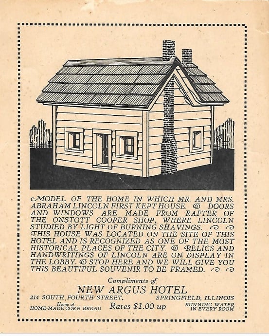 Handbill printed by the Argus Hotel, circa 1930, showing the cottage where Abraham, Mary and Robert Lincoln lived for about eight months in 1843-44. (Sangamon County Historical Society)